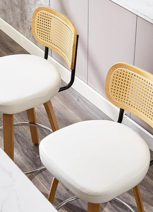 Set of 2 Mid-Century Modern Natural Rattan Bar Stools with Upholstered PU Leather, 26” Counter Height, Backrest, Wood Legs, and 360° Swivel for Kitchen Island, Dining Room, and Bar (White)