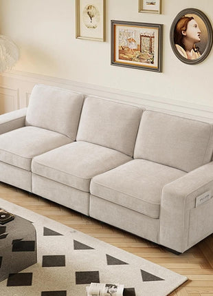 100-Inch Modular Sofa with Storage Seats, Comfortable 3-Seater Chenille Fabric Couch for Living Room, Office, Apartment with Deep Seating, Wide Arms, Side Pockets, USB Ports, and Removable Upholstered Covers in Beige