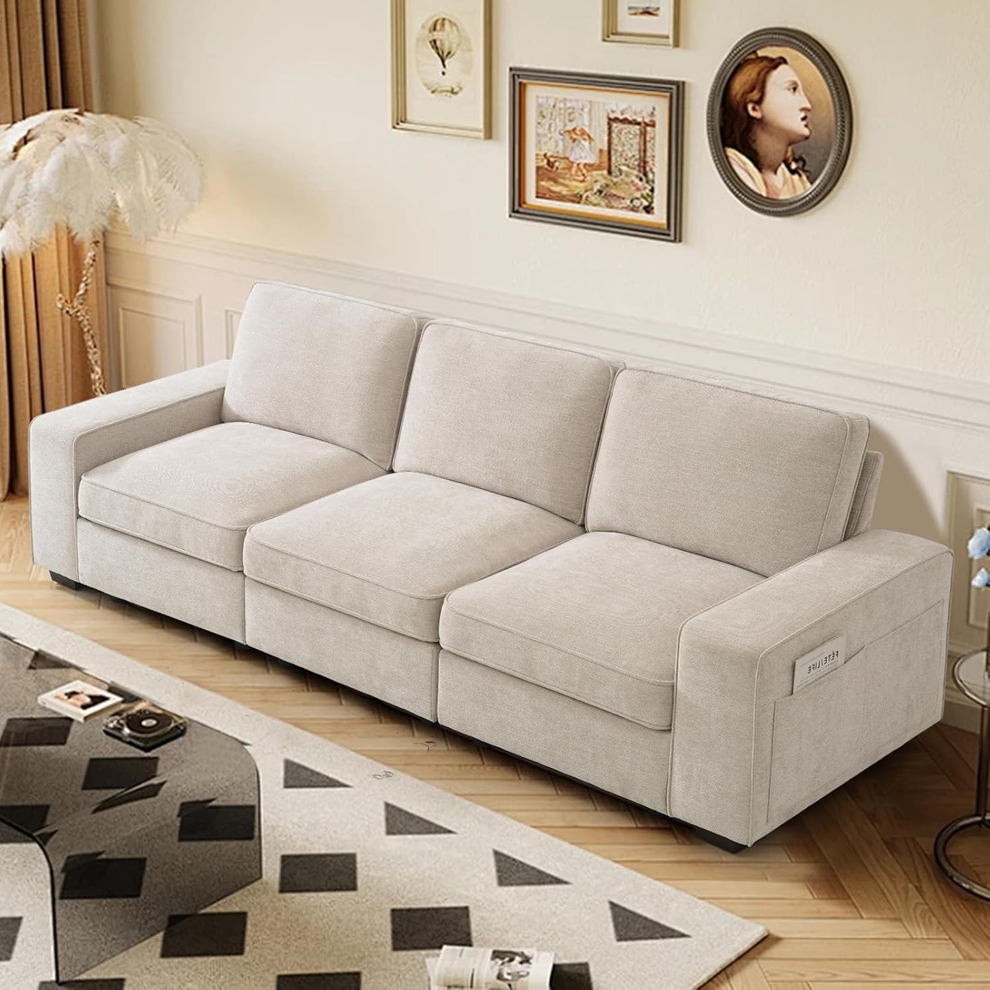 100" Modular Sofa with Seats Storage, Comfy 3-Seater Chenille Fabric Couch for Living Room, Office, Apart W/Deep Seat, Wide Arms, Side Pockets, USB, Upholstered Couch W/Removable Cover