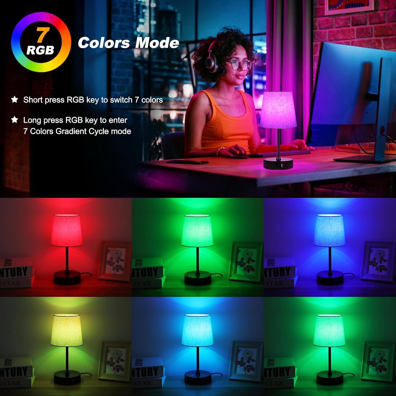 Small Bedside Table Lamp Set of 2, RGB Color Changing Lamps, 3 Color Temperatures, Dimmable Nightstand Lamp with USB C+A Ports, Touch Desk Lamp for Bedroom Living Room, H11.4In(Flaxen Shade)