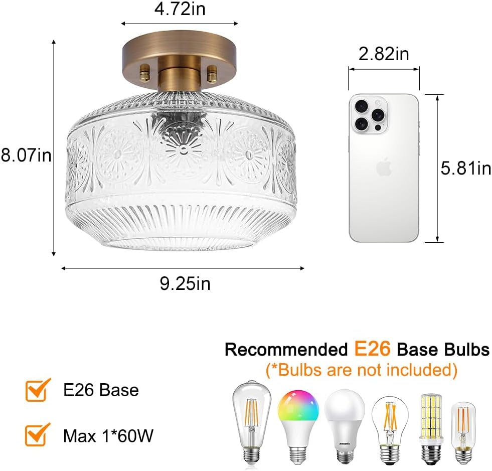 DSMJFU Semi Flush Mount Ceiling Light, Vintage Small Ceiling Light Fixture, Thickened Glass Hallway Lighting Fixture, Brass Kitchen Ceiling Mount Light for Entry Way, Bedroom, Bathroom, Porch