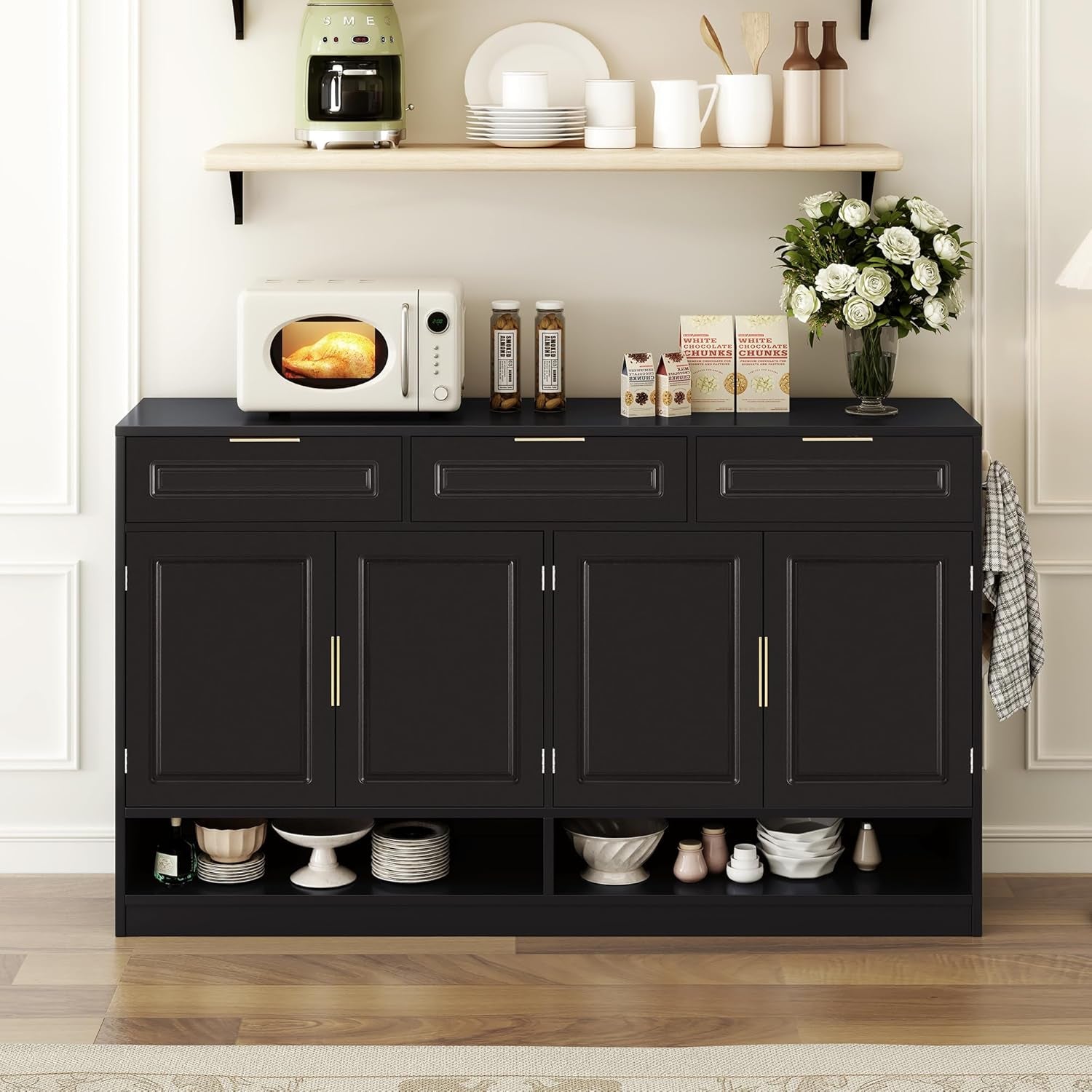 Buffet Table with 3 Drawers, 59.1" Multi-Functional Buffet Cabinet with Storage, Sideboard Cabinet with Adjustable Shelf for Dining Room, Living Room, Entryway, Black