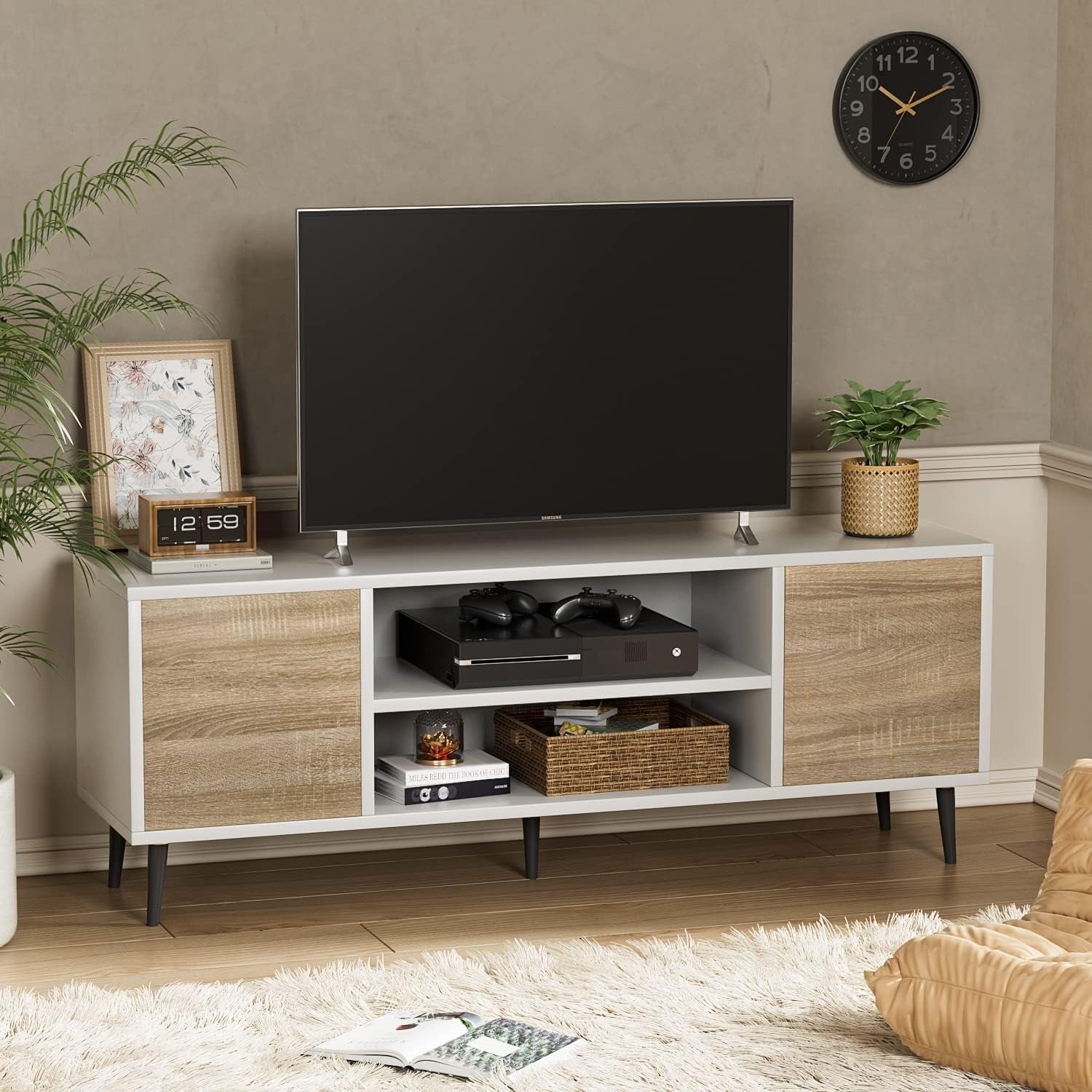 Modern TV Stand for 65" Television, Entertainment Center with Two Storage Cabinets and Open Shelves, Retro Style Media Console for Living Room, Bedroom, Office, 58 Inch, White and Beige