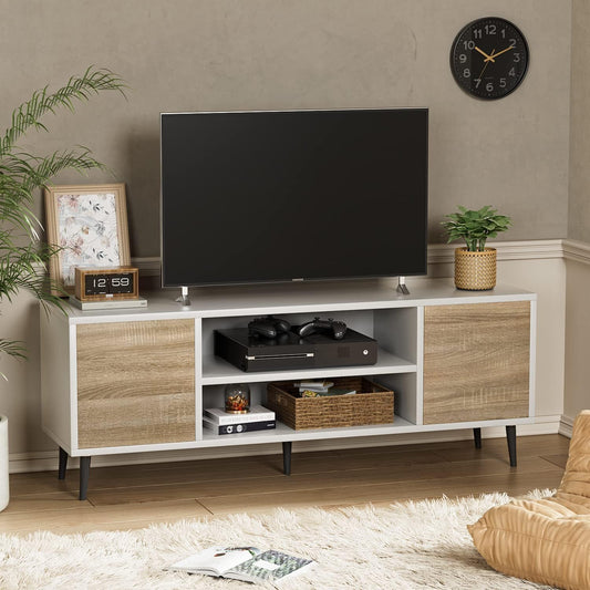 Modern TV Stand for 65" Television, Entertainment Center with Two Storage Cabinets and Open Shelves, Retro Style Media Console for Living Room, Bedroom, Office, 58 Inch, White and Beige