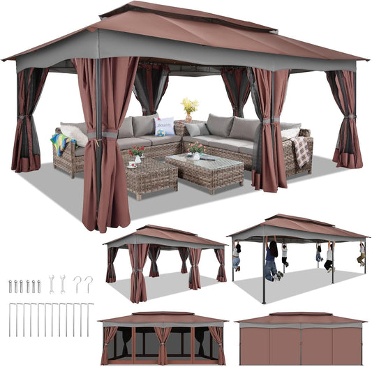 Gazebo 12X20, Outdoor Gazebo on Clearance with Double Ventilated Arc Roof, Privacy Curtains & Mosquito Netting, Easy Set up Canopy Tent with Stable Metal Frame for Patio, Brown