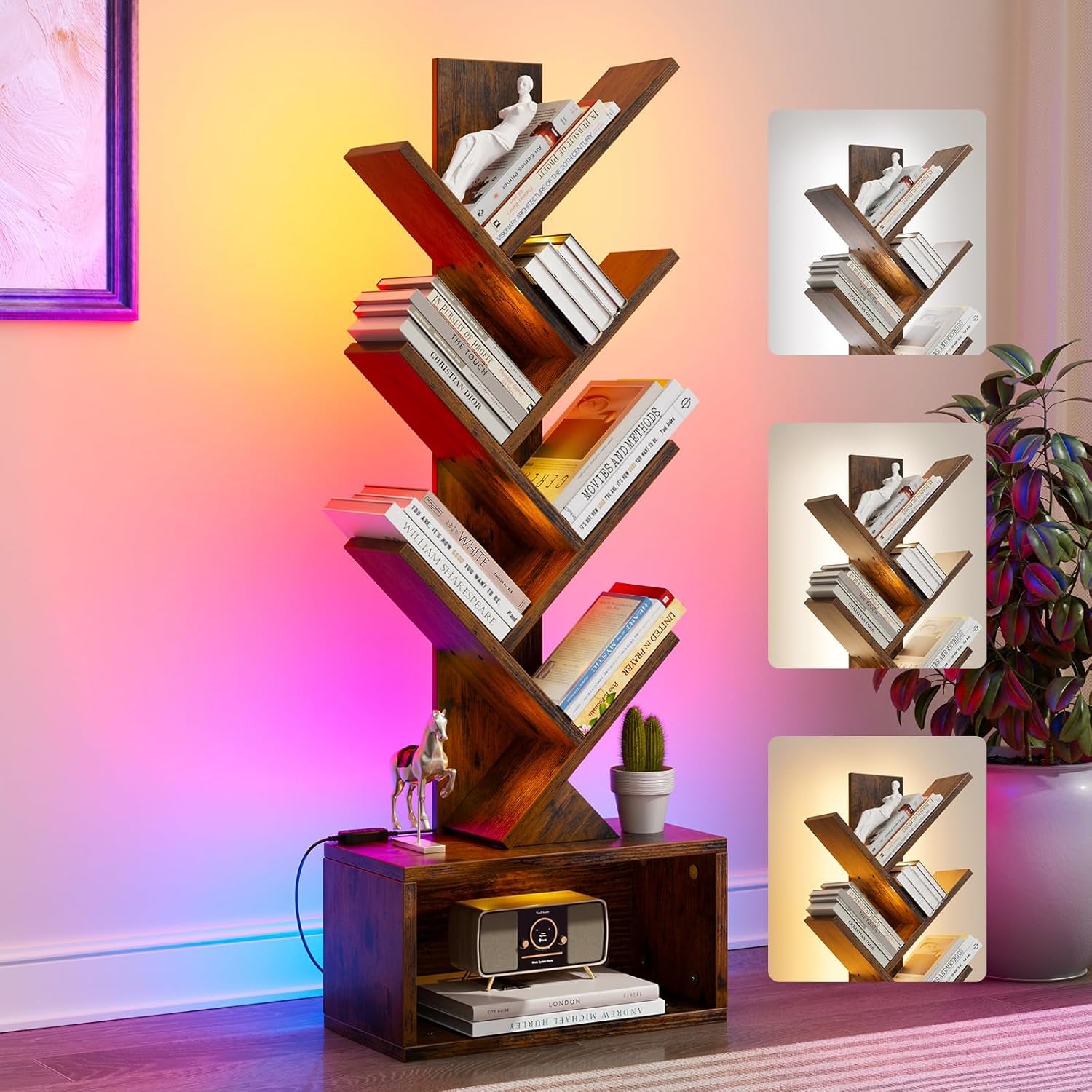6 Tier Tree Bookshelf with Lights, LED Book Tree Bookcase with Storage Organizer, Small Corner Bookshelf Floor Standing Book Shelf for Living Room, Bedroom & Home Office, Rustic Brown