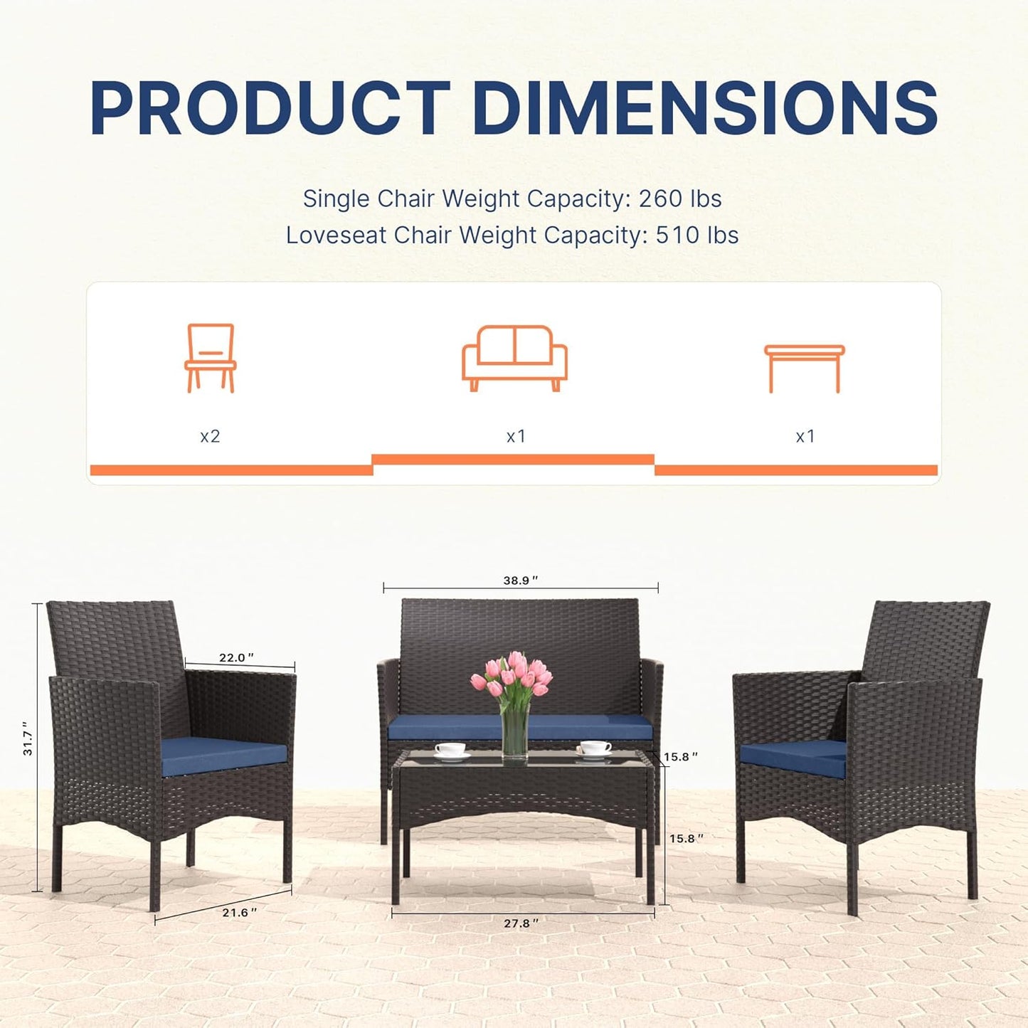 4-Piece Outdoor Patio Furniture Set, Wicker Rattan Chairs & Sofa with Cushions and Glass Coffee Table, Conversation Set for Backyard, Lawn, Porch, Pool, Garden (Navy-2)