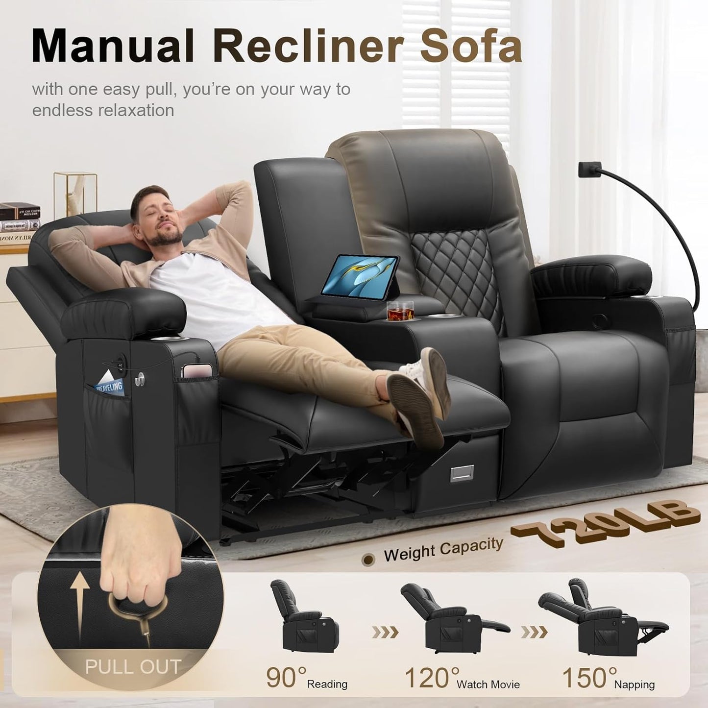 Large Loveseat Recliner, Loveseat Recliner Sofa with Storage Console, Recliner Chair with USB Ports, 2 Cell Phone Holders, Cup Holder, Loveseat Couch for Living Room