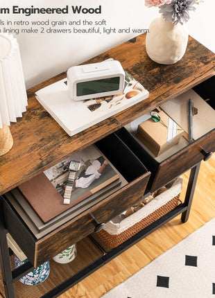 29.5" Narrow Console Table with Dual Fabric Drawers and Three-Tier Storage Shelves, Perfect for Living Room and Hallway, Rustic Brown and Black Finish
