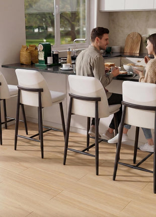 Set of 2 Modern Upholstered Counter Height Bar Stools, 26-Inch with Backrest, Textured Leather and Fabric, Metal Legs for Kitchen Island and Dining Room, White