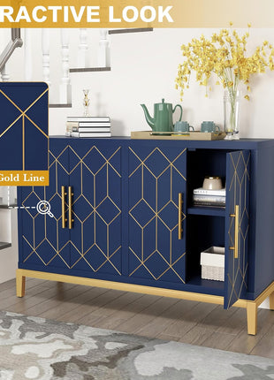 48-Inch Modern Accent Cabinet with Four Doors and Shelves, Gold Trim Sideboard Buffet for Living Room, Kitchen, Dining Room, and Hallway in Blue