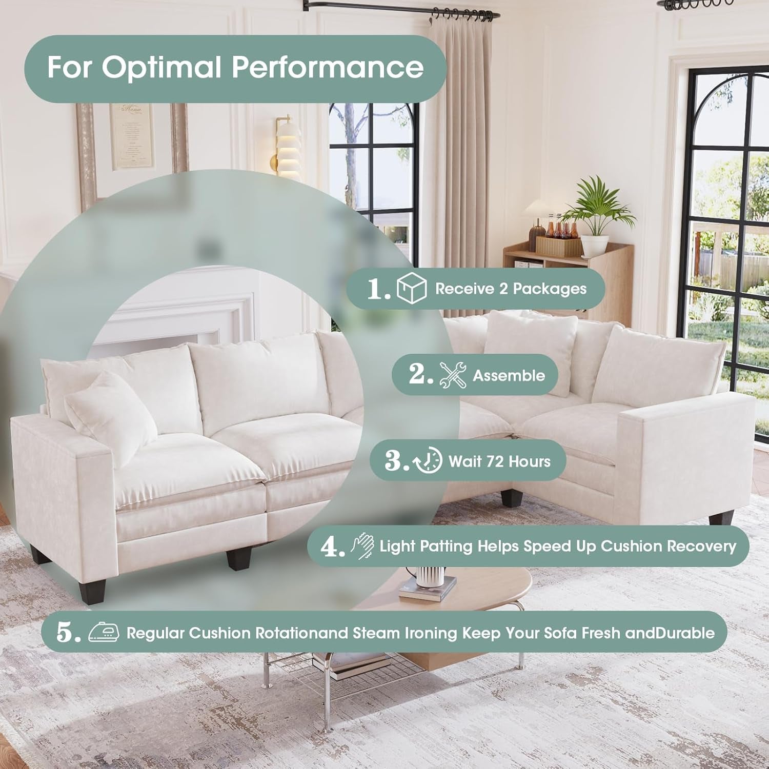 97" 5-Seat Modular Sectional Sofa, Convertible L-Shaped Comfy Cloud Couch with Armrest Storage and Two Pillows for Living Room, Bedroom, Apartment, Beige