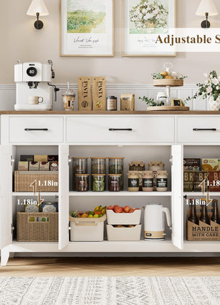 55-Inch Contemporary Farmhouse Buffet Cabinet with Drawers, Versatile Kitchen Storage Solution Featuring Adjustable Shelves, Perfect for Coffee Bar in Kitchen, Dining Room, or Living Room, White Finish