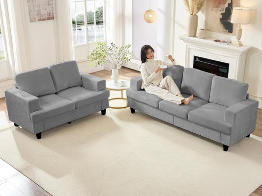 82" Width 2 Pieces Living Room Sofa Sets, 3 Seater Sofas Couch and Loveseat Set, Sofas Couches Living Room Furniture Sets, Sectional 3-Seat Sofa + Loveseat Couch Set for Home Office, Light Grey