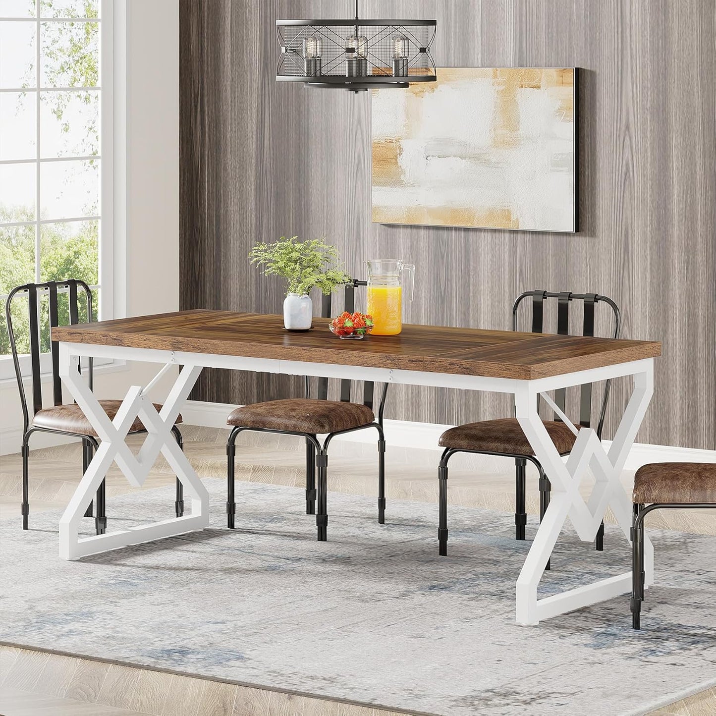 63 Inch Executive Desk, Large Office Desk with Metal Frame, Ergonomic Writing Desk Computer Workstation, Modern Wood Computer Desk for Home Office, Easy Assembly (Brown+White)