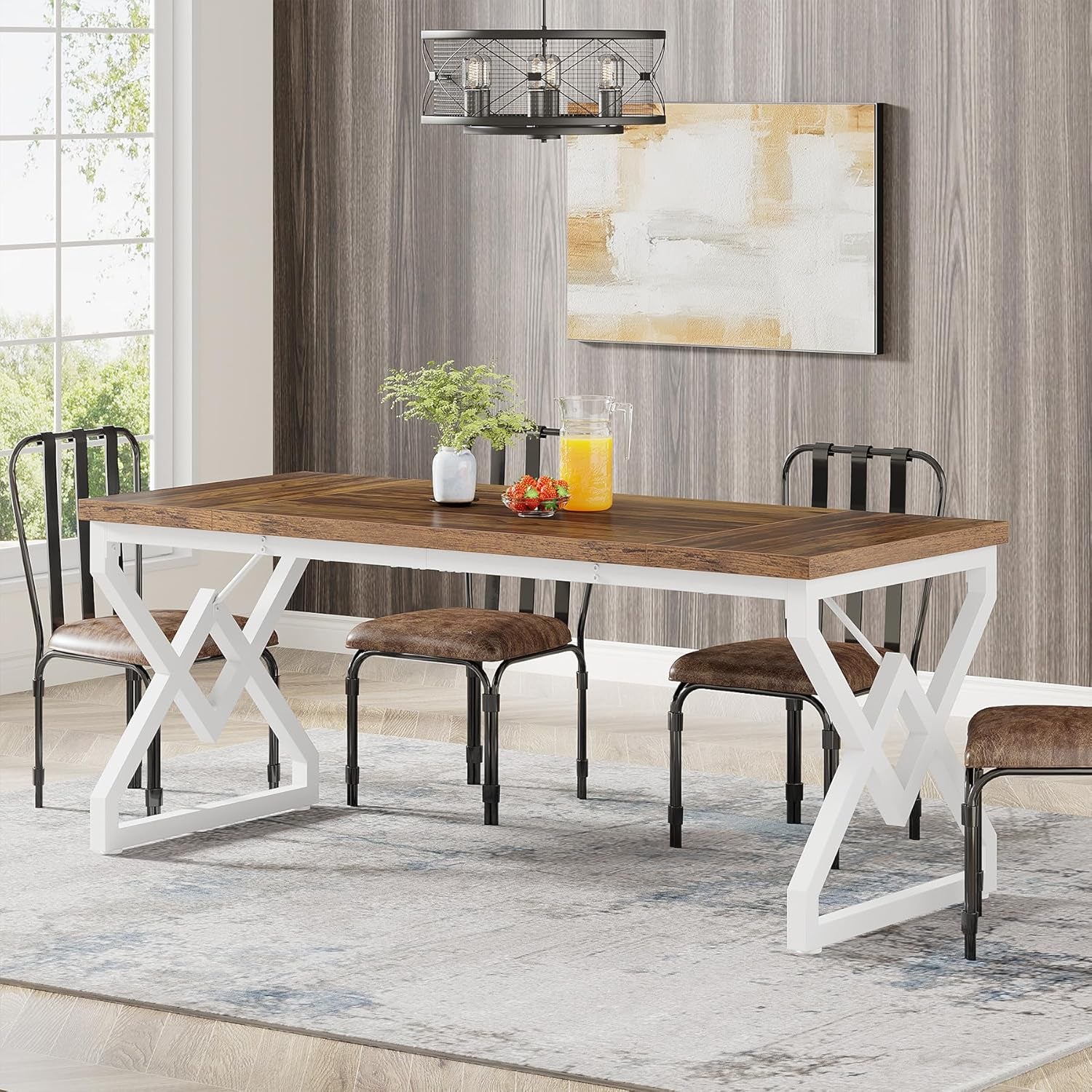 63 Inch Executive Desk, Large Office Desk with Metal Frame, Ergonomic Writing Desk Computer Workstation, Modern Wood Computer Desk for Home Office, Easy Assembly (Brown+White)