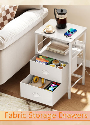 End Table with Built-in Charging Station, Fabric Drawer Nightstand, USB Port and Outlet, Storage Shelf and Hook for Living Room and Bedroom, White