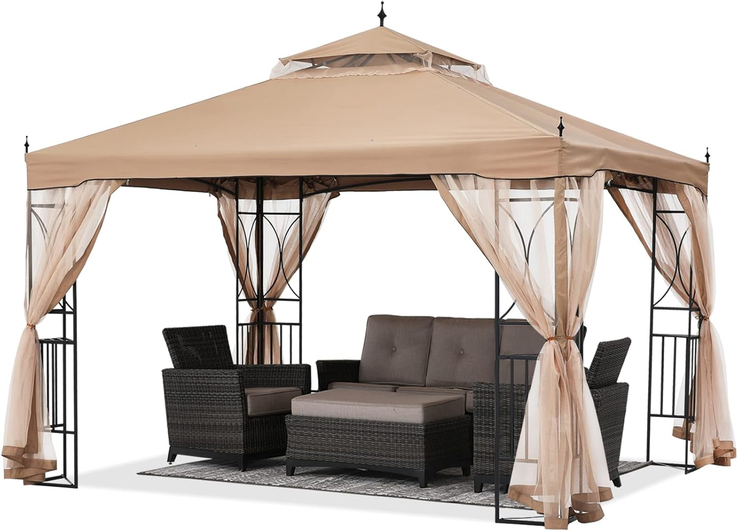 Patio Outdoor Gazebo 10X10 - Gazebo Canopy with Netting and Corner Frame Screen Wall for Backyard,Garden Lawn (Khaki)