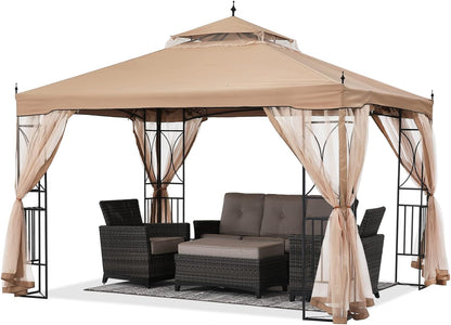 Patio Outdoor Gazebo 10X10 - Gazebo Canopy with Netting and Corner Frame Screen Wall for Backyard,Garden Lawn (Khaki)