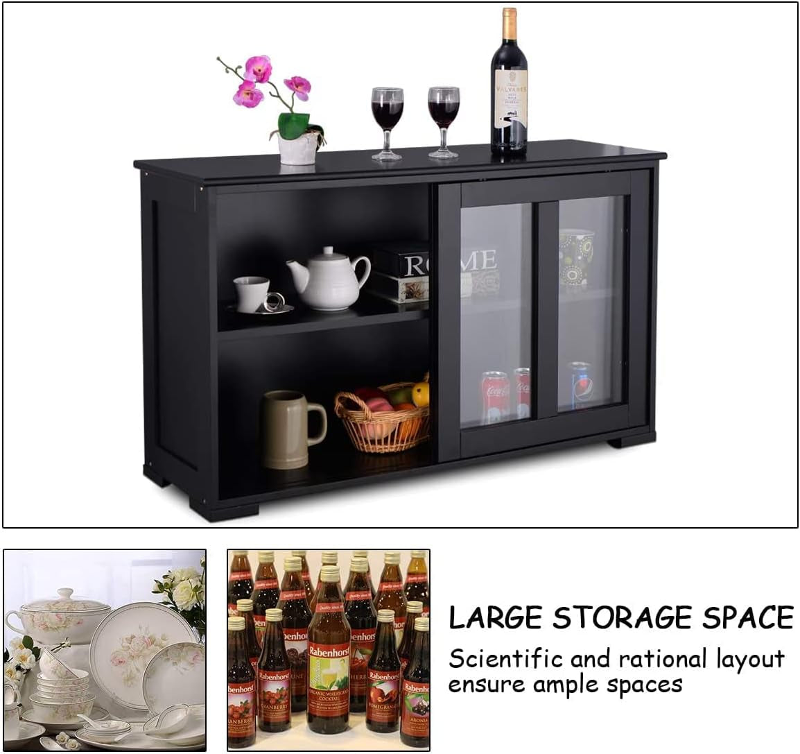 Kitchen Stackable Storage Cabinet with Height Adjustable Shelves & Glass Sliding Doors, Cupboard Server Buffet Console Sideboard, Black