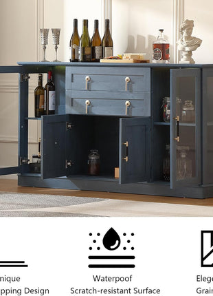 58.27" Contemporary Farmhouse Buffet Cabinet with Dual Drawers, LED Illumination, Adjustable Shelving, and Spacious Glass Door, Blue Finish with Gold Accents