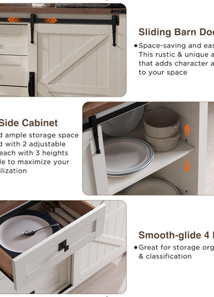 Farmhouse Style Sideboard Buffet Cabinet with Ample Storage - 60" Kitchen Cabinet with Sliding Barn Doors and 4 Drawers, 31.2" Tall Antique White Wood Coffee Bar Table for Dining Room