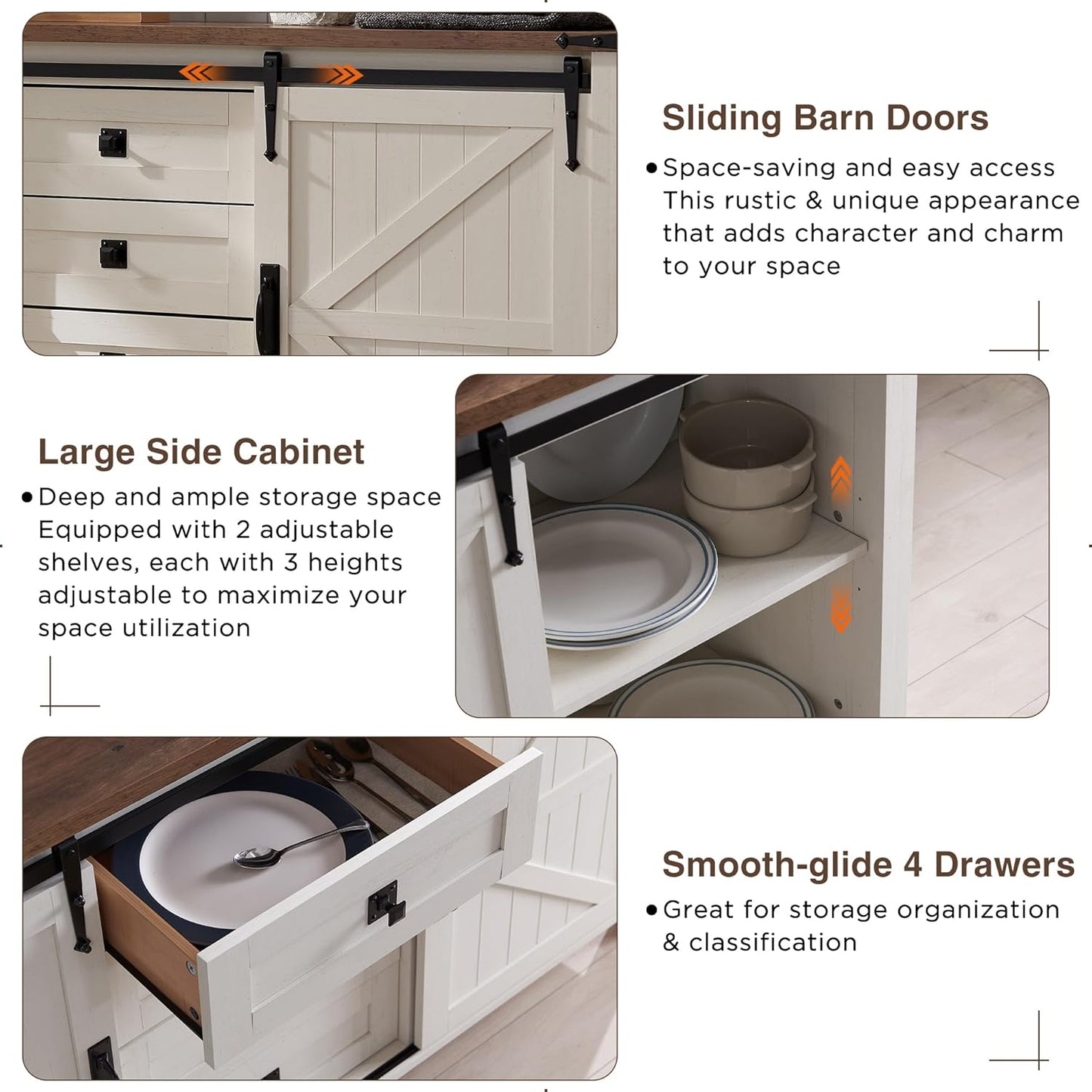 Farmhouse Sideboard Buffet Cabinet with Storage, 60" Large Kitchen Cabinet W/Sliding Barn Doors and 4 Drawers, 31.2'' Tall Wood Coffee Bar Table for Dining Room, Antique White