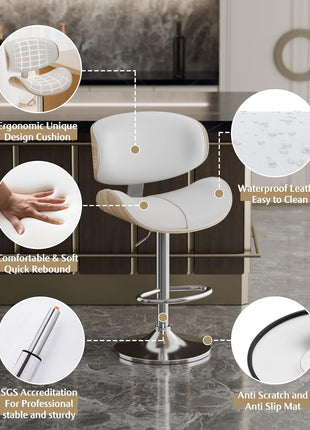 Set of 3 Adjustable Swivel Leather Bar Stools for Kitchen Island - Mid-Century Modern Counter Height Chairs with Backrest and Footrest in Cream White