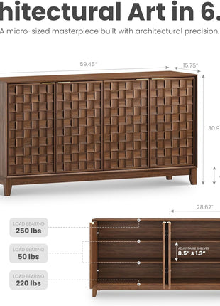 Mid-Century Modern Fluted Sideboard Cabinet - Solid Wood Buffet with Adjustable Shelves, Walnut Finish, and Black Accents for Dining Room Storage