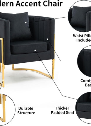 Set of 2 Modern Velvet Accent Chairs, Upholstered Mid-Century Barrel Armchairs with Cushions for Living Room, Comfortable Vanity Chairs with Gold Metal Legs for Bedroom, Black