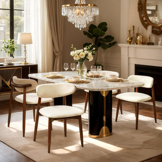 Dining Chairs Set of 4, Upholstered Wooden Dining Room Chairs, Mid Century Modern Fabric Kitchen Chair with Ergonomic Curved Backrest, Beige (Only Chairs)