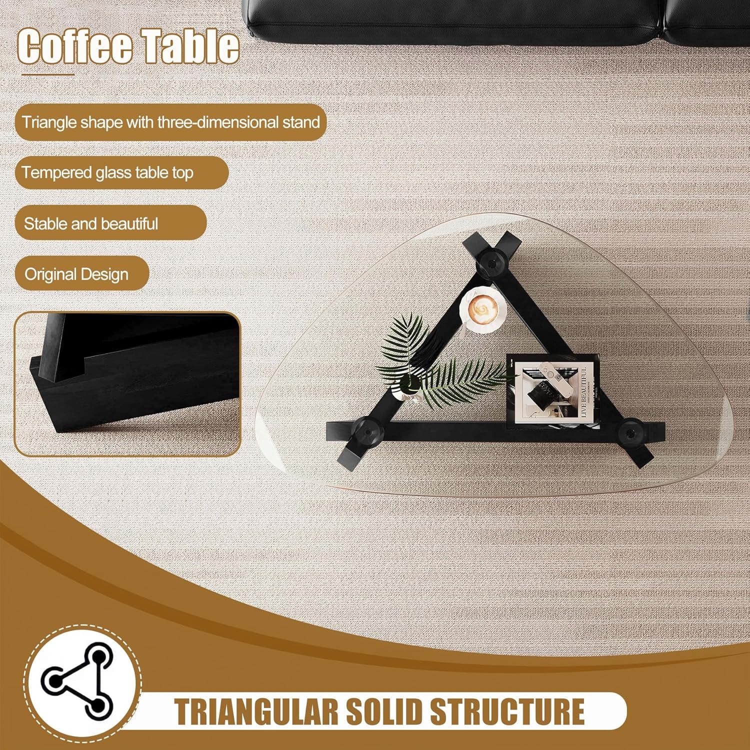 Modern Mid Century Triangle Glass Coffee Table Black Center Table with Tempered Glass Top Unique Natural Wood Tea Table for Living Room 35.5'' X 27.5'' X 15.7'' for Small Spaces, Rustic