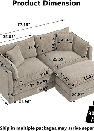 Modern Modular Sectional Sofa - Convertible Chenille Loveseat Couch with Movable Ottoman for Living Room, 77.16 Inch Deep 2-Seater (Camel)