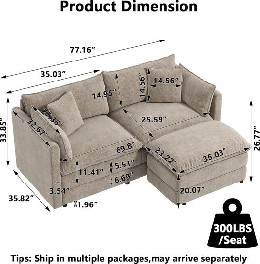 Modular Sectional Sofa Modern Convertible Loveseat Couch,77.16 Inch Deep 2-Seater Sofas Comfy Chenille Cloud Sofas and Couches Set with Movable Ottoman for Living Room Apartment（Camel）