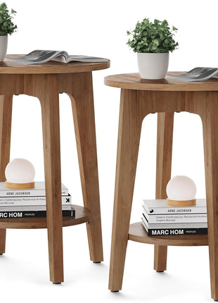 MAEZO Collection - Set of 2 Two-Tier Round Side Tables with Tapered Legs and Curved Transitions for Compact Living Spaces in Honey Brown