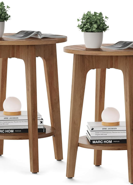 MAEZO Collection - Set of 2 Two-Tier Round Side Tables with Tapered Legs and Curved Transitions for Compact Living Spaces in Honey Brown