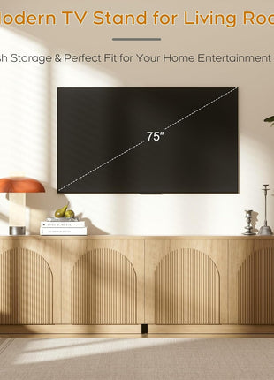 55-Inch Contemporary Mid-Century Fluted Sideboard Buffet Cabinet with Arched Reeded Doors and Adjustable Shelves in Natural Oak Finish for Living and Dining Spaces