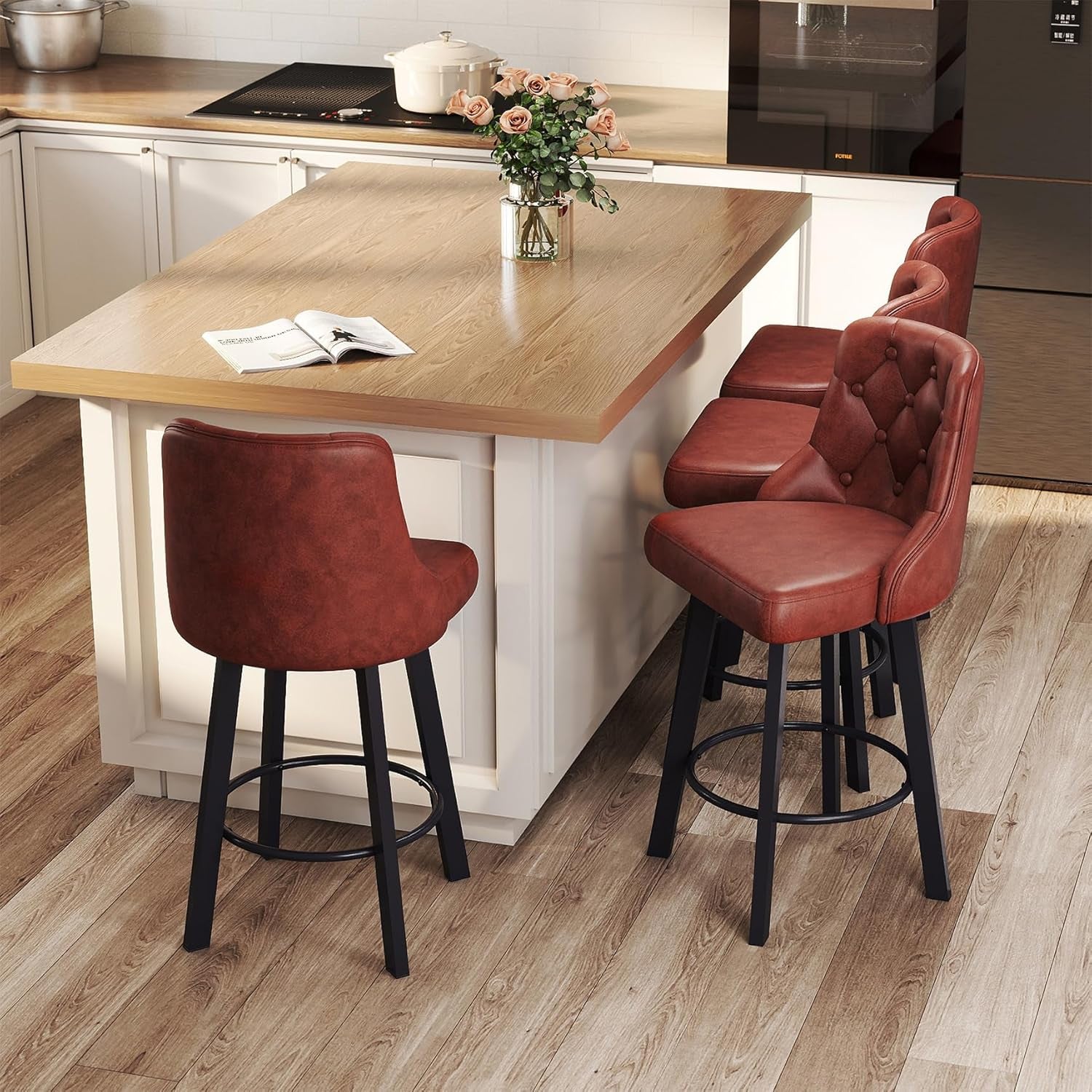 Swivel Barstools Set of 2, 26’’H Modern Counter Height Barstool with Metal Legs,Faux Leather Upholstered Bar Stools with Back for Kitchen Island, Dining Room, Pub - Brown