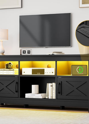 65-Inch Black Farmhouse TV Stand with LED Lighting and Integrated Power Outlet, Stylish Entertainment Center with Storage for Living Room