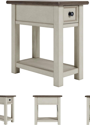 Bolanburg Chairside End Table with Charging Station by Signature Design by Ashley, Two-Tone Wood Accent Table with Drawer Storage and Plank Top in Antique White Finish for Living Room or Bedroom