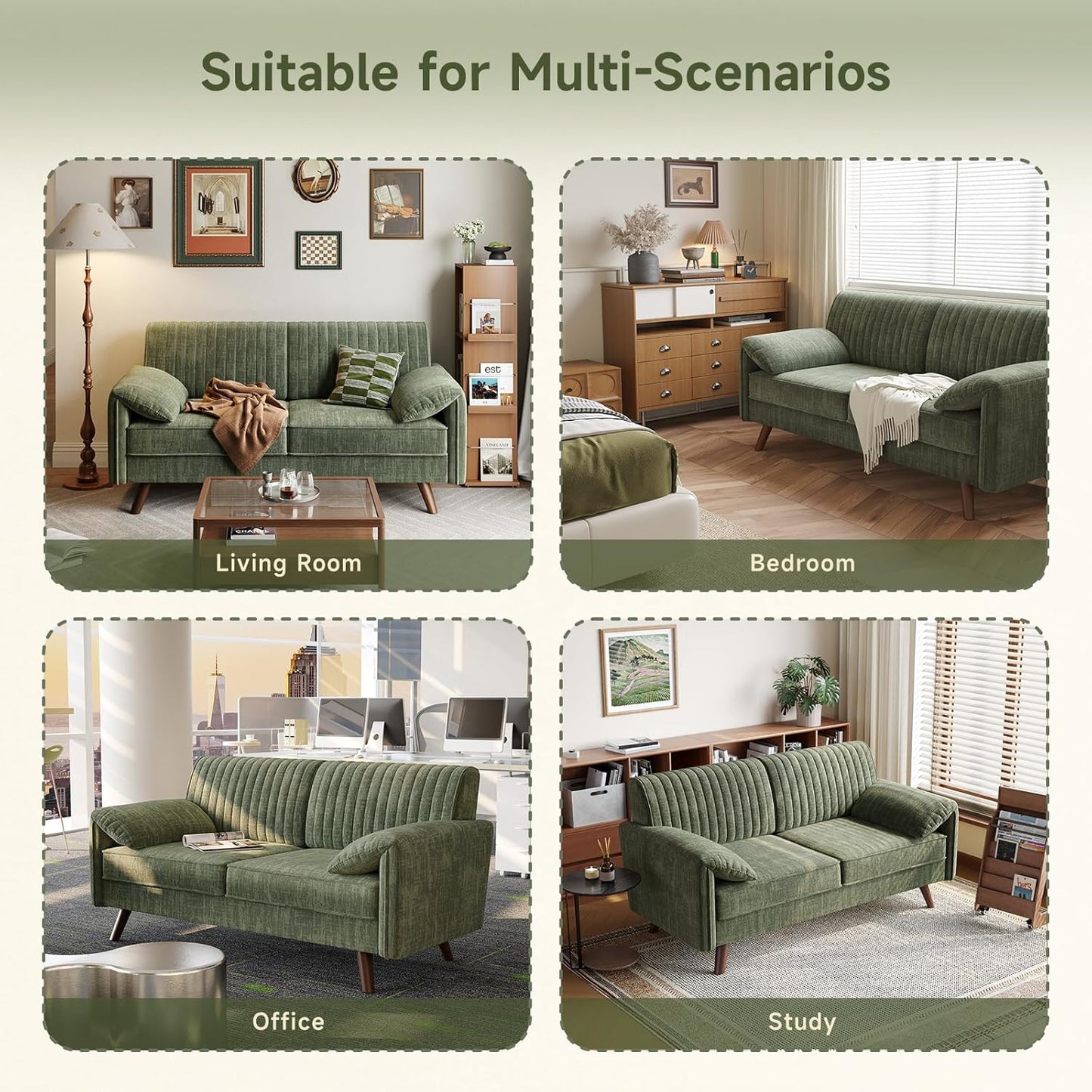 64.5" Loveseat Sofa, Chenille Loveseat Couch for Living Room, 23.2" Deep Seat Love Seat with Padded Arms, Comfy Modern Small Couches for Bedroom, Small Spaces, Dorms, Office, Green