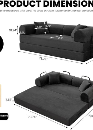 79-Inch 5-in-1 Convertible Sofa Bed - Elegant Black Modular Lounge and Floor Sleeper for Enhanced Comfort