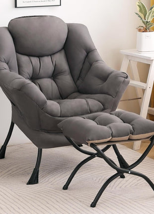 Contemporary Dark Grey Accent Chair and Ottoman Set with Folding Footstool and Armrest Design for Living Room, Bedroom, and Office