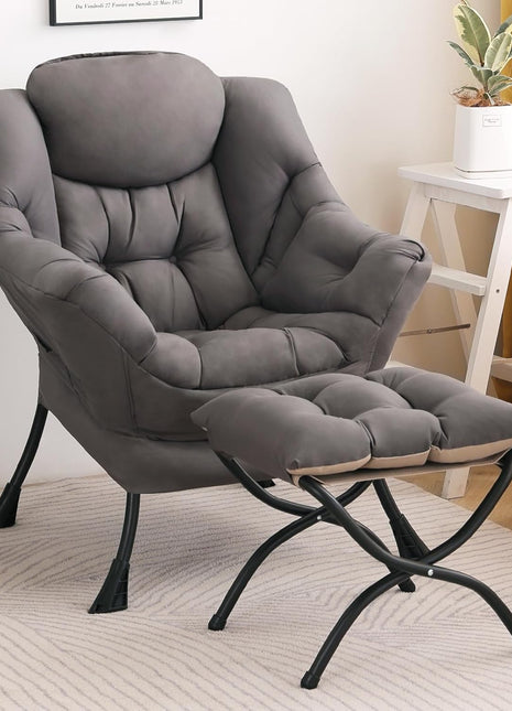 Contemporary Dark Grey Accent Chair and Ottoman Set with Folding Footstool and Armrest Design for Living Room, Bedroom, and Office