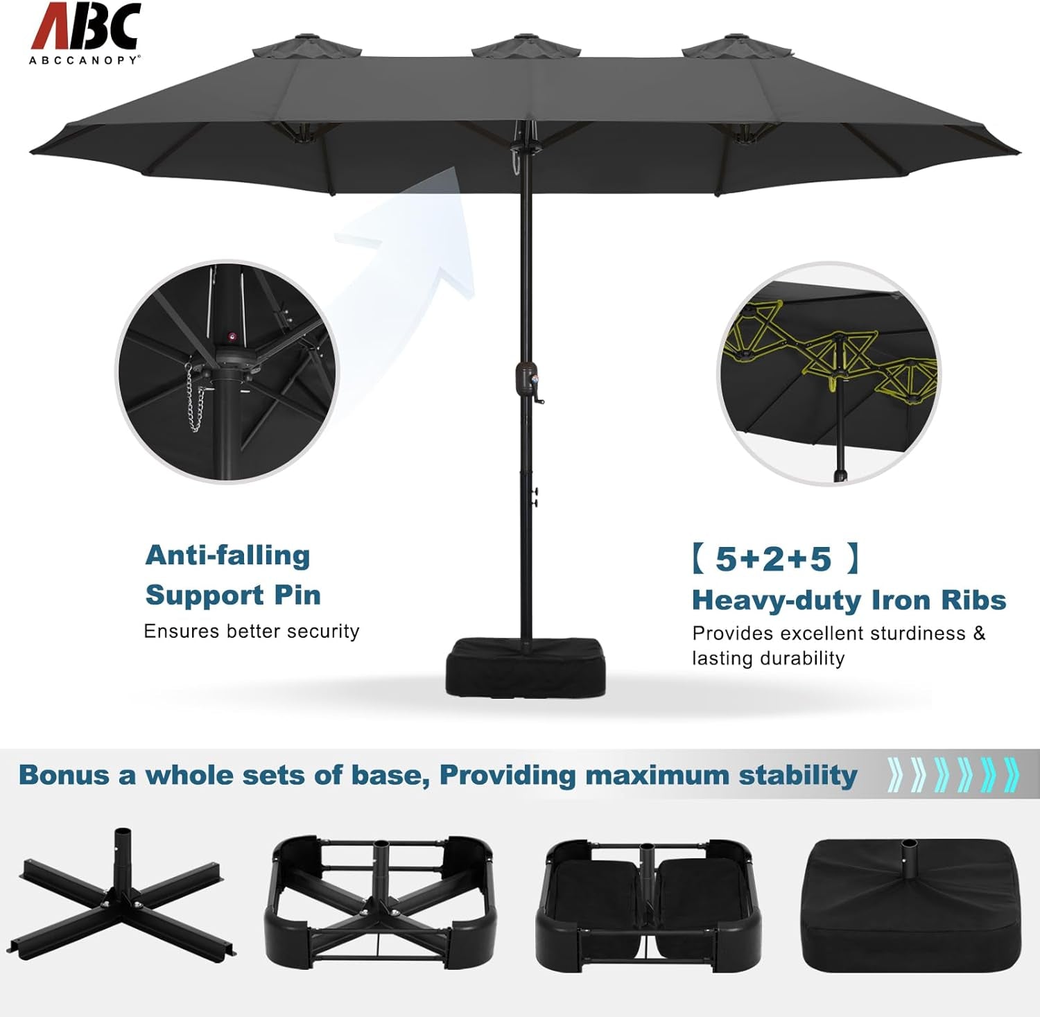 15FT Patio Umbrella with Base, Outdoor Double-Sided Rectangle Umbrella Bonus Latch, Wights for Poolside, Lawn, Backyard (Dark Gray)