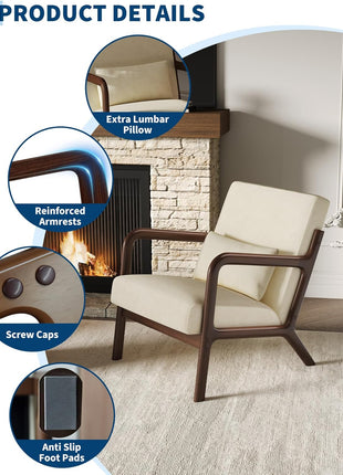 Mid-Century Modern Chenille Accent Chair with Lumbar Support Pillow, Solid Wood Frame, Perfect for Living Room, Bedroom, or Office, Beige