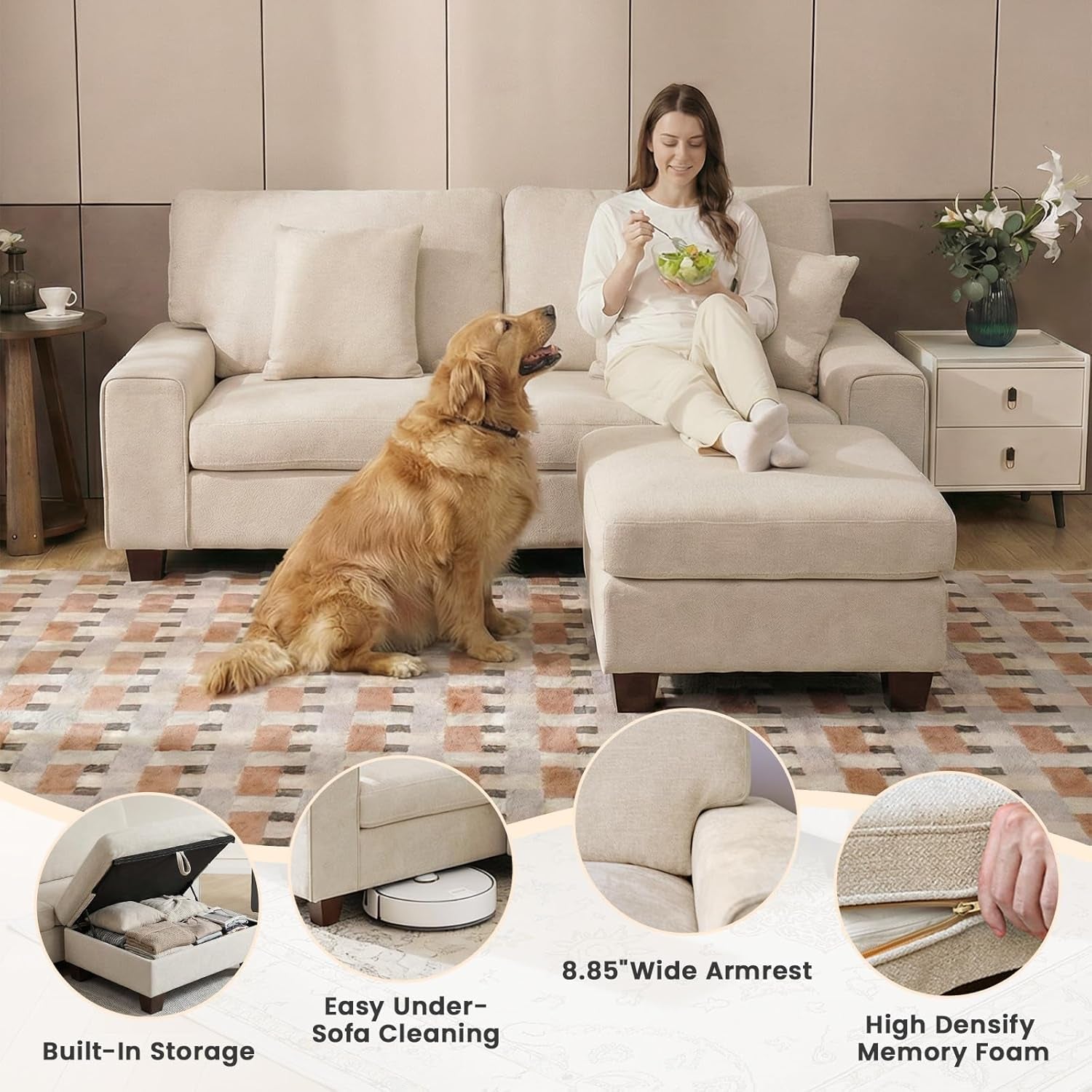 L-Shaped Sectional Sofa with Storage Ottoman, Modern Chenille Recliner Loveseat, Removable Couch Covers, Pocket Spring Cushions, Solid Wood Frame, Easy to Install (71.25Inch, Beige)