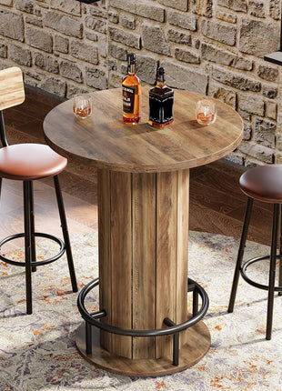 39.4-Inch Wood Bistro Pub Table with Metal Ring Footrest for Dining and Living Areas, Brown Finish