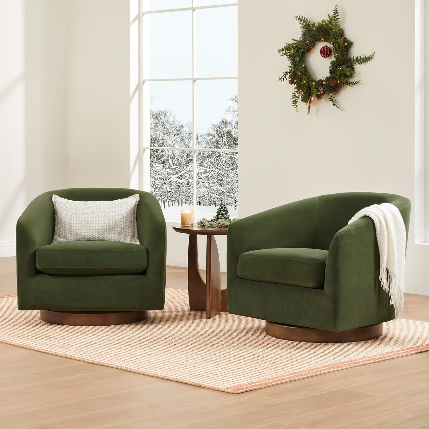 Swivel Accent Chair, FSC Certified Upholstered Velvet Barrel Chair for Living Room Set of 2, Fully Assembled, Forest Green