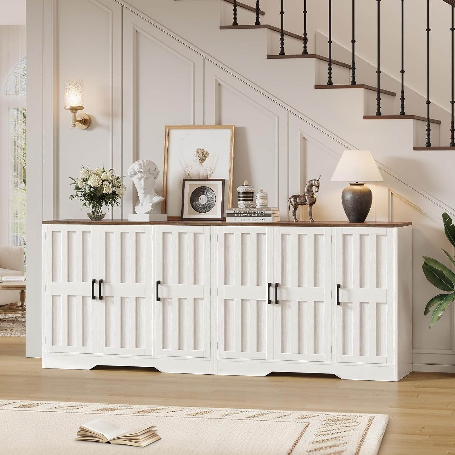 Modern Farmhouse Buffet Cabinet with Storage, 85" Large Sideboard Storage Cabinet with 6 Barn Doors, Coffee Wine Bar Cabinet Wood Table Credenza with Adjustable Shelf for Kitchen Dining Living Room